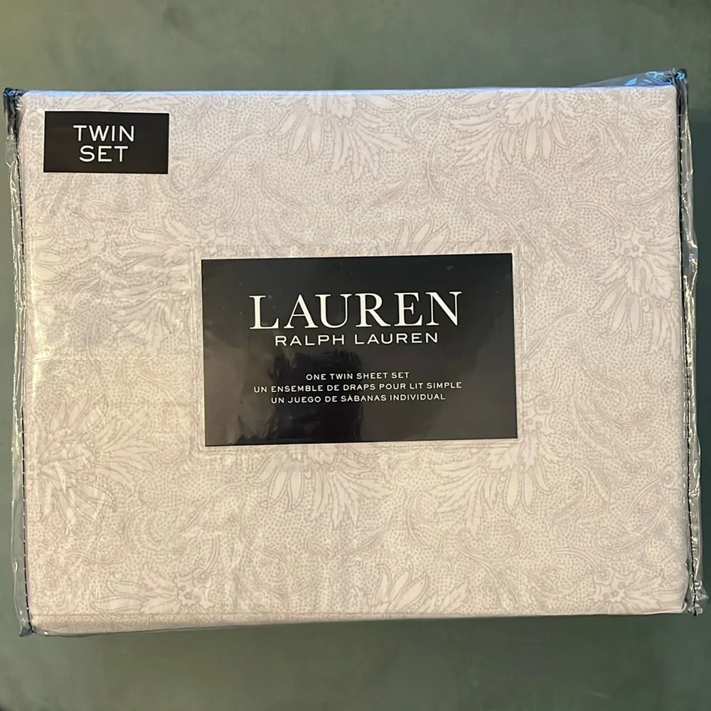 Twin Ralph Lauren sheet set 3 pc 100% cotton white gray floral dots NWT